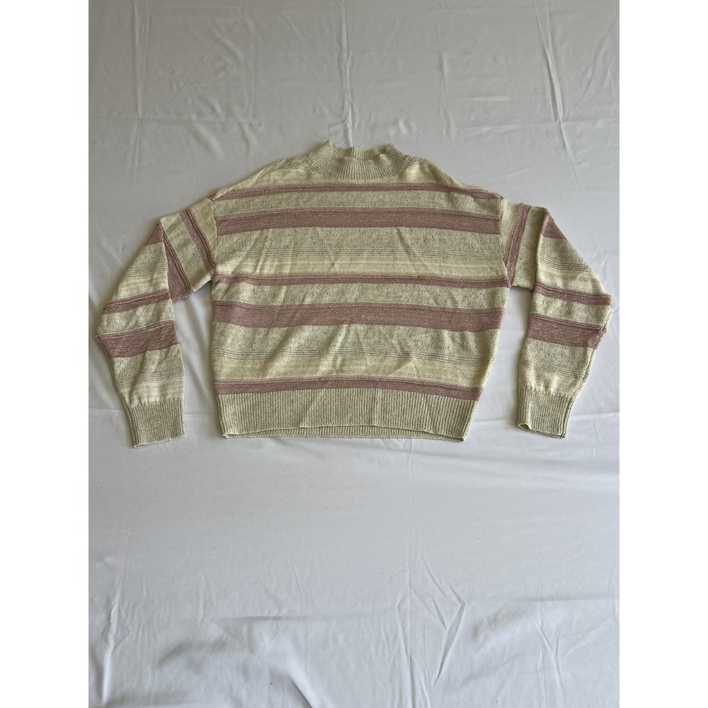 Ann Taylor Striped Metallic Knit Mock Neck Sweater Cream Mauve Small